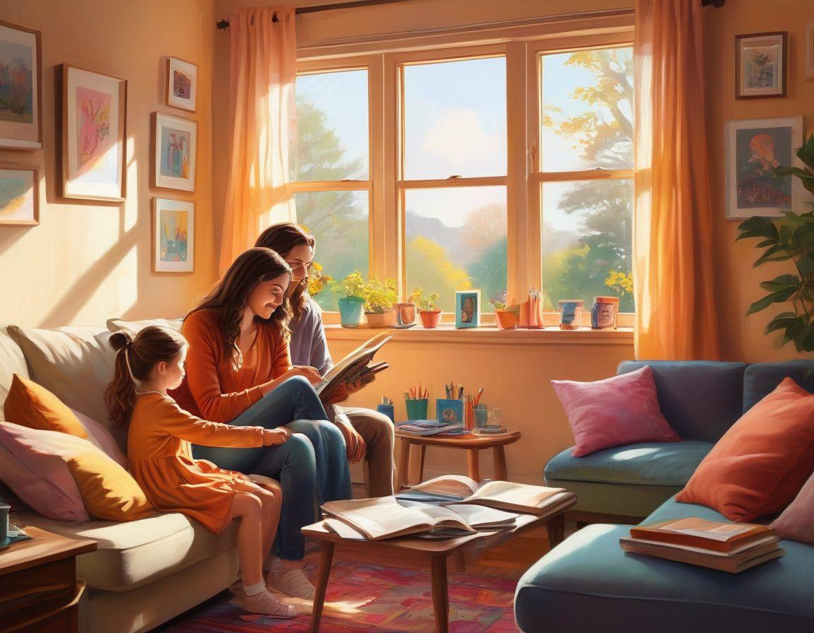 A warm and inviting scene of a parent and child sitting together in a cozy living room, engaged in a heartwarming conversation. The room is decorated with family photos and bright playful colors, showing books and art supplies scattered around, symbolizing creativity and openness. Soft sunlight streams through a window, casting a gentle glow on their faces, highlighting the emotional connection during their honest interaction. Illustration style evokes warmth and closeness. vibrant colors. cozy atmosphere. painting.
