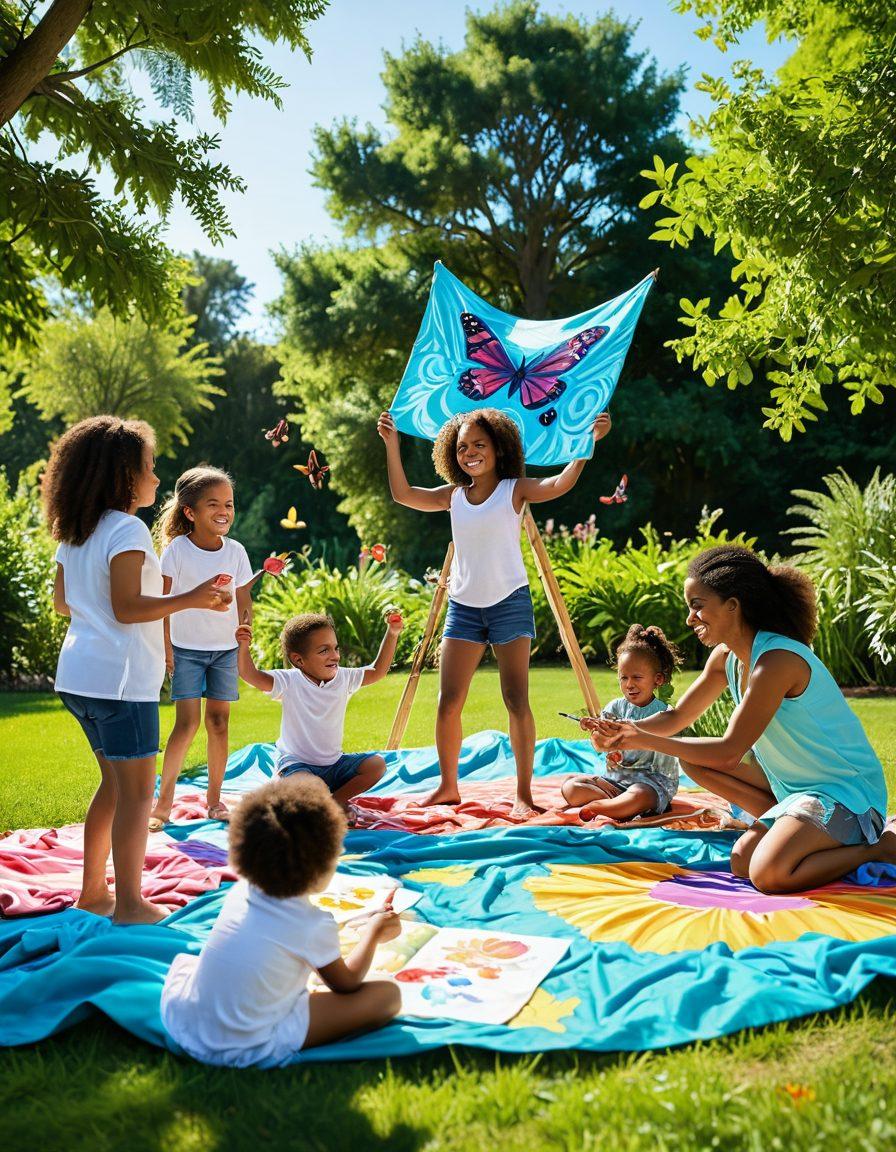 A vibrant scene depicting a diverse family engaging in creative play activities in a sunny park. Parents and children are painting together on a large canvas, building a fort with colorful blankets, and playing with art supplies scattered around. Laughter and joy fill the atmosphere as butterflies flutter by. The background shows lush greenery and a bright blue sky, evoking a sense of warmth and creativity. super-realistic. vibrant colors.